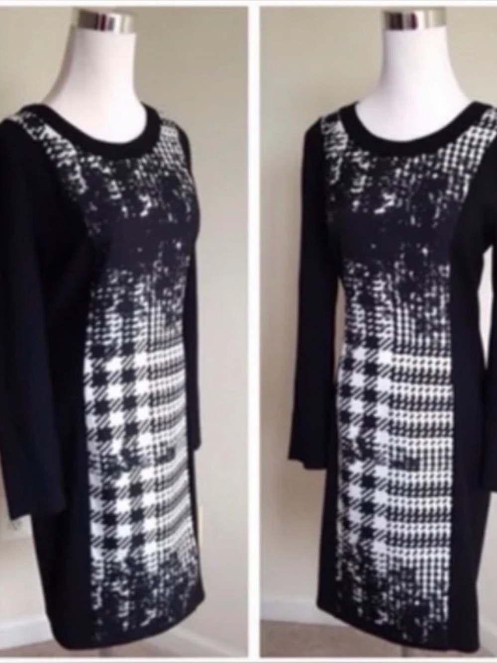 Piazza Sempione Black and White Patterned Houndstooth Long-Sleeve Shift Dress